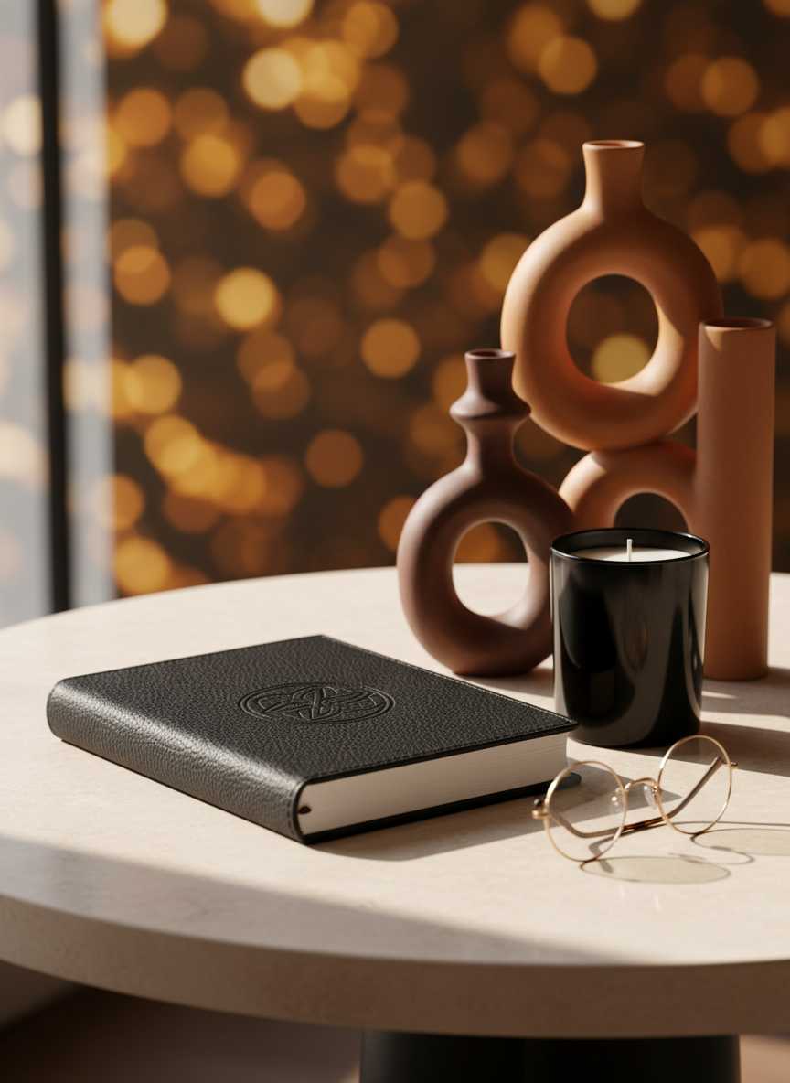 Journal, candle, and sculptural forms on a stone table, suggesting legacy moments from Authentic Collective Studio gatherings.