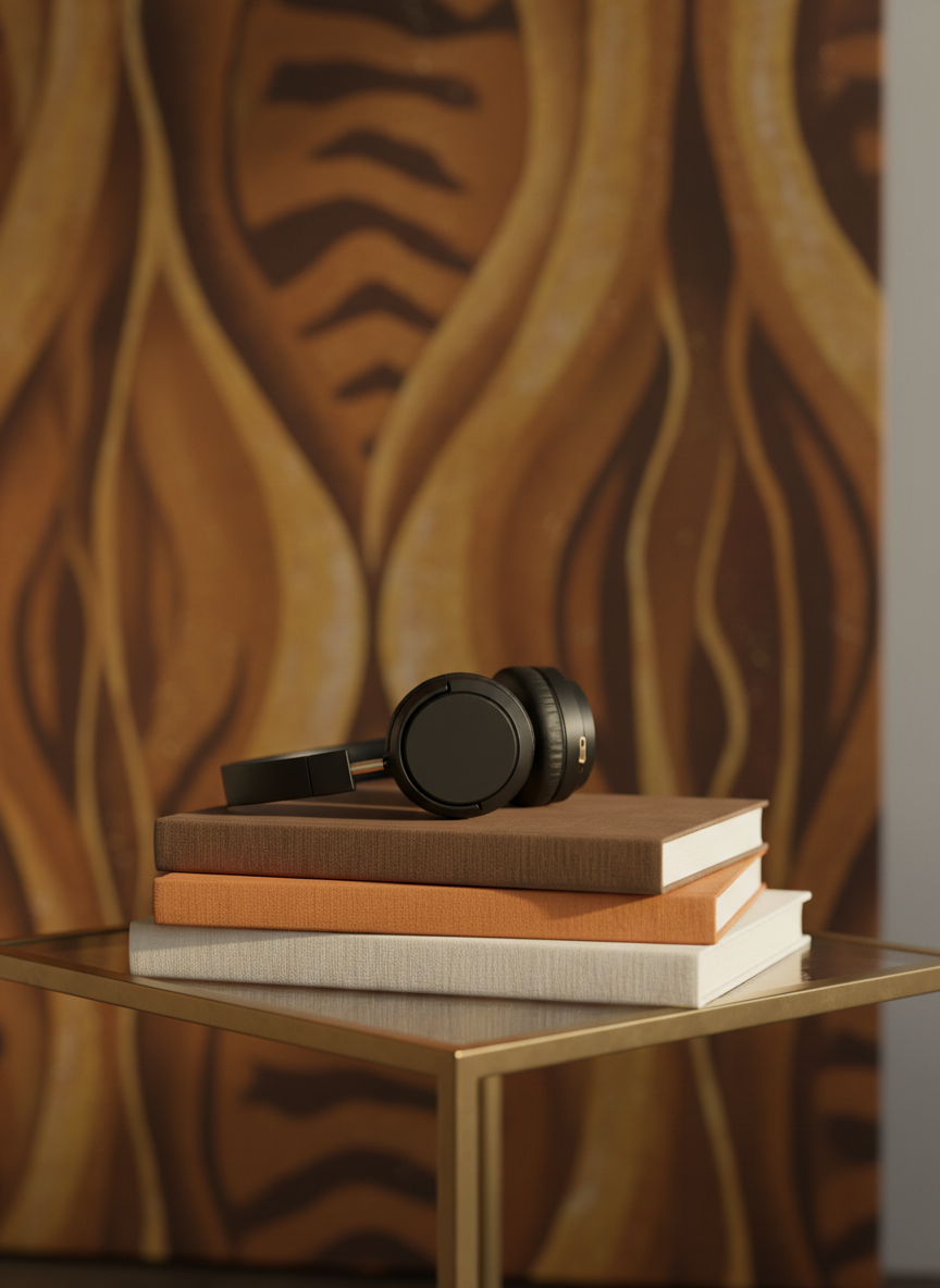 A stylized representation of publishing and cultural storytelling: a short stack of hardcover books with linen-textured covers in shades of espresso, sienna, and cream, no visible text, topped with a single pair of closed, over-ear headphones in matte black with subtle gold accents. The stack rests on a smoked glass side table with a thin brass frame. Behind it, an abstract wall mural in warm browns and golds forms a pattern reminiscent of Afrocentric textiles without being literal. Late-afternoon natural light sweeps in from the right, creating soft highlights along the book spines and headphone curves, while the background gently blurs. Photographic realism, three-quarter angle composition, balancing intellectual gravity with modern elegance.