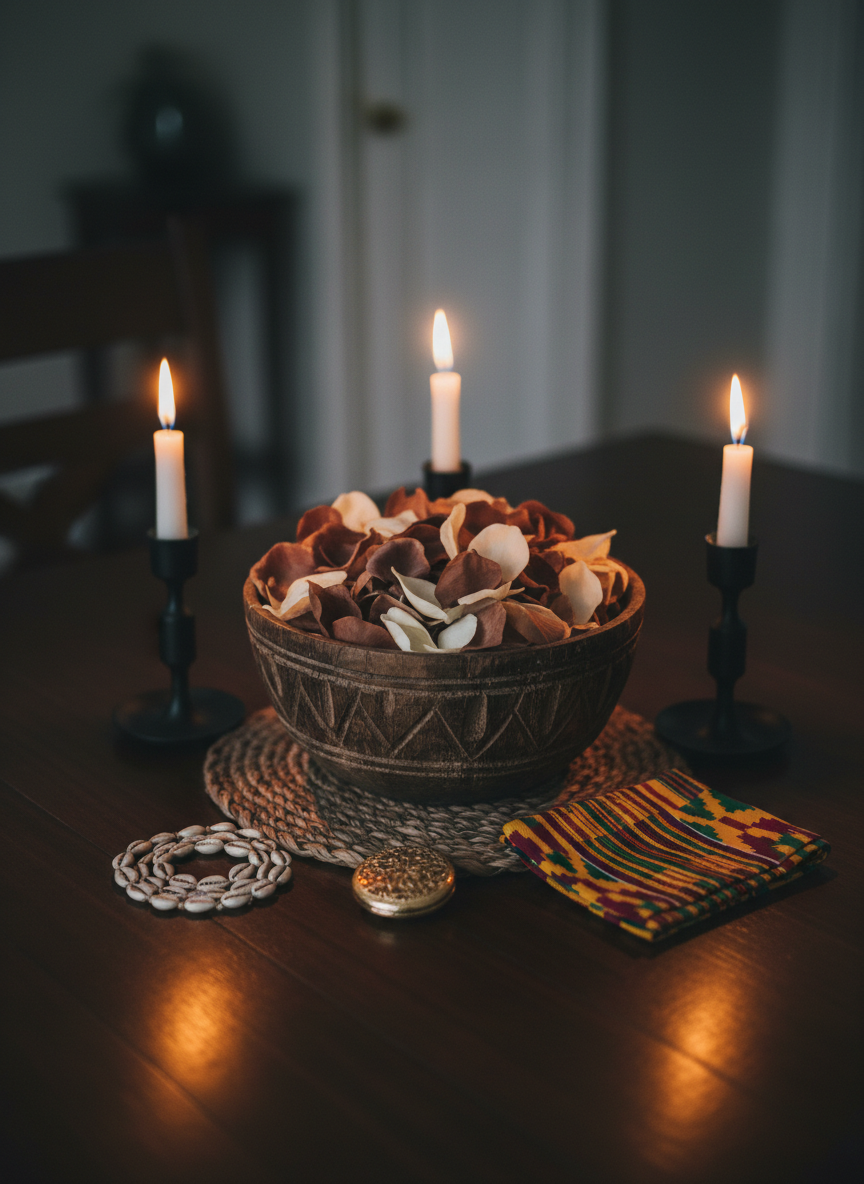 An intimate altar-like arrangement symbolizing healing and cultural celebration: a hand-carved dark wood bowl brimming with fresh cacao-colored and cream-toned flower petals, a braided woven mat in deep umber beneath it, and three tall, slender candles in matte black holders, their flames captured mid-flicker. Discreetly placed around are small heirloom objects: a cowrie shell necklace coiled in a gentle spiral, a vintage gold locket closed, and a folded strip of patterned kente cloth adding a vibrant accent. The scene is lit by low, ambient evening light, combined with the warm flicker from the candles, casting dancing shadows and a contemplative, ceremonial atmosphere. Photographic realism, close-up composition with shallow depth of field, emphasizing textures and details that embody legacy, reverence, and celebration.