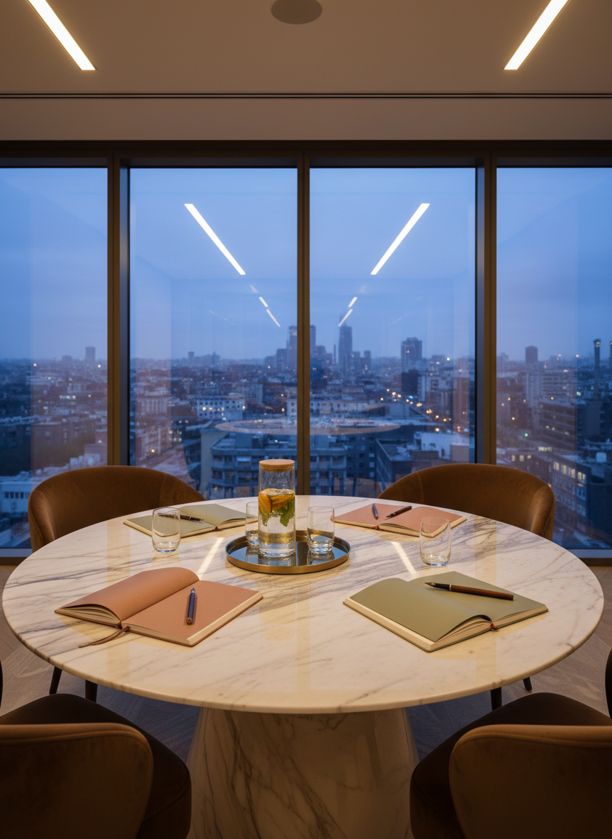 A modern, luxury meeting space expressing empowered collaboration without people: a round marble table with subtle veining in warm gray and cream, surrounded by four curved velvet chairs in deep cocoa. On the table, three open notebooks in coordinating earth tones form a subtle triangle, each with a different elegant pen laid across. A carafe of infused water with citrus and herbs sits on a slender brass tray beside minimalist glass tumblers. Floor-to-ceiling windows reveal a softly blurred cityscape at dusk, lights beginning to glow. The space is bathed in soft, indirect ambient lighting with a gentle golden hue. Photographic realism, wide-angle shot at eye level, with a clean, editorial composition that feels aspirational, inclusive, and deeply sophisticated.