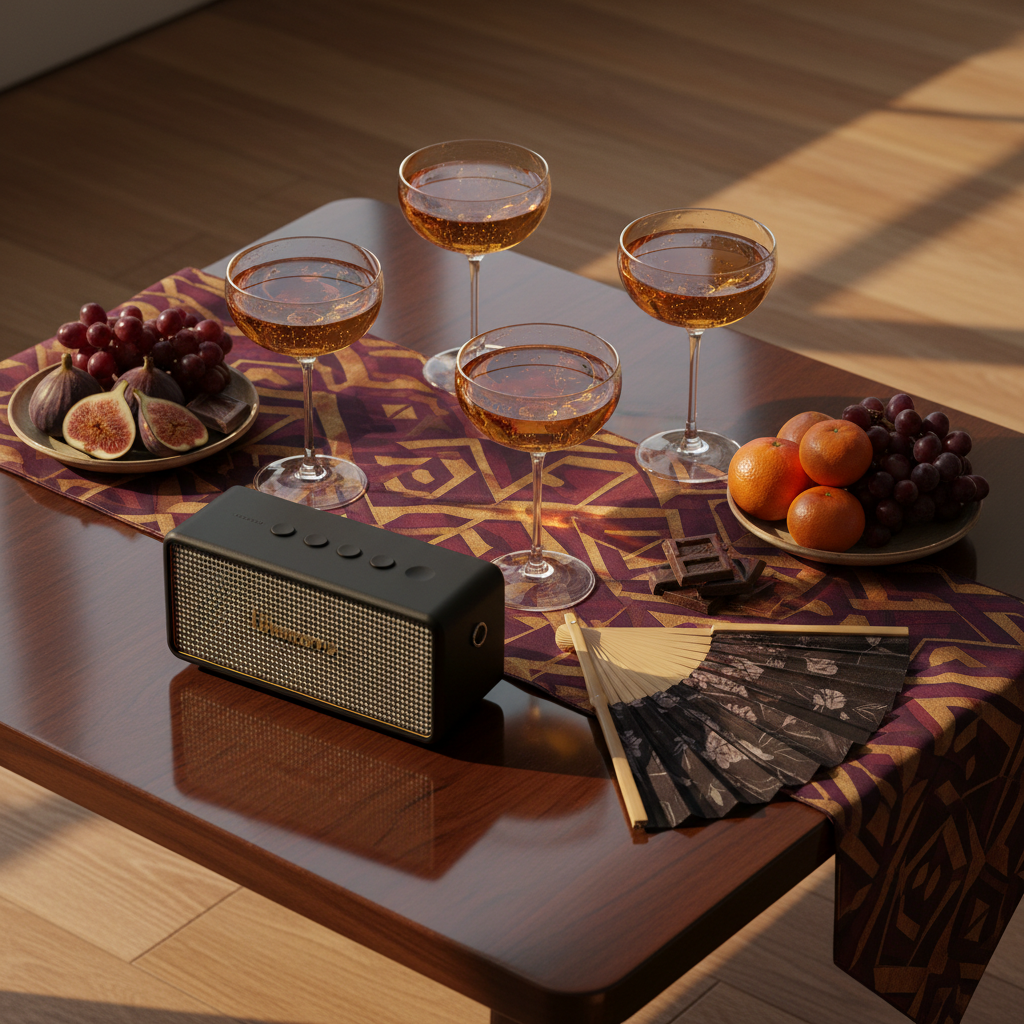 Curated table with coupe glasses, patterned runner, and golden hour light evoking a luxe Black women's social gathering.