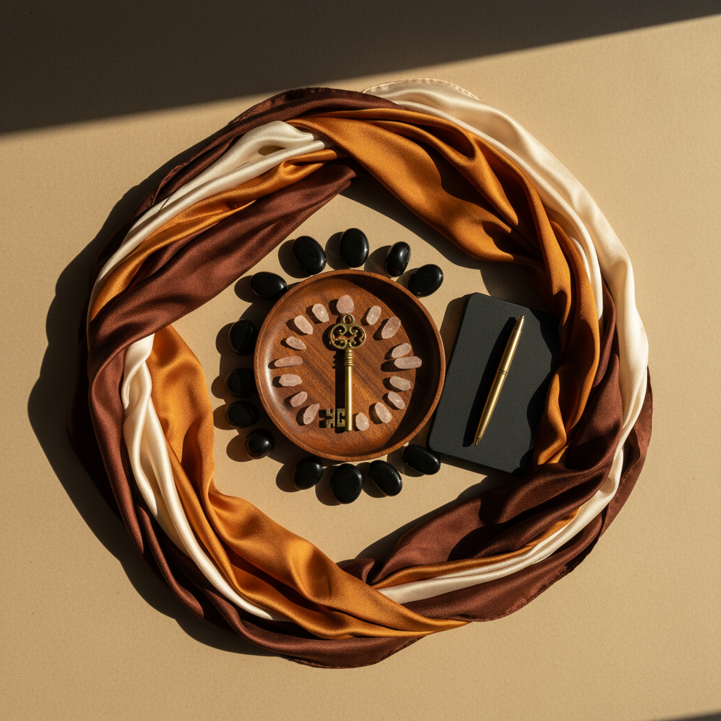 An elevated flat-lay composition symbolizing a luxury ecosystem for Black women using carefully chosen objects: layered silk scarves in rich cocoa, amber, and ivory tones arranged like an embracing circle, a vintage brass key placed at the center atop a smooth dark wood tray, and a cluster of polished onyx and rose quartz stones radiating outward. A slim, closed tablet with a soft matte black finish and a gold pen rest nearby, suggesting publishing and consulting. Illuminated by late-afternoon golden hour light from a nearby window, the scene casts warm, soft-edged shadows, creating a mood of empowerment and ownership. Photographic realism, shot from directly above, with meticulous detail and a clean, editorial aesthetic.