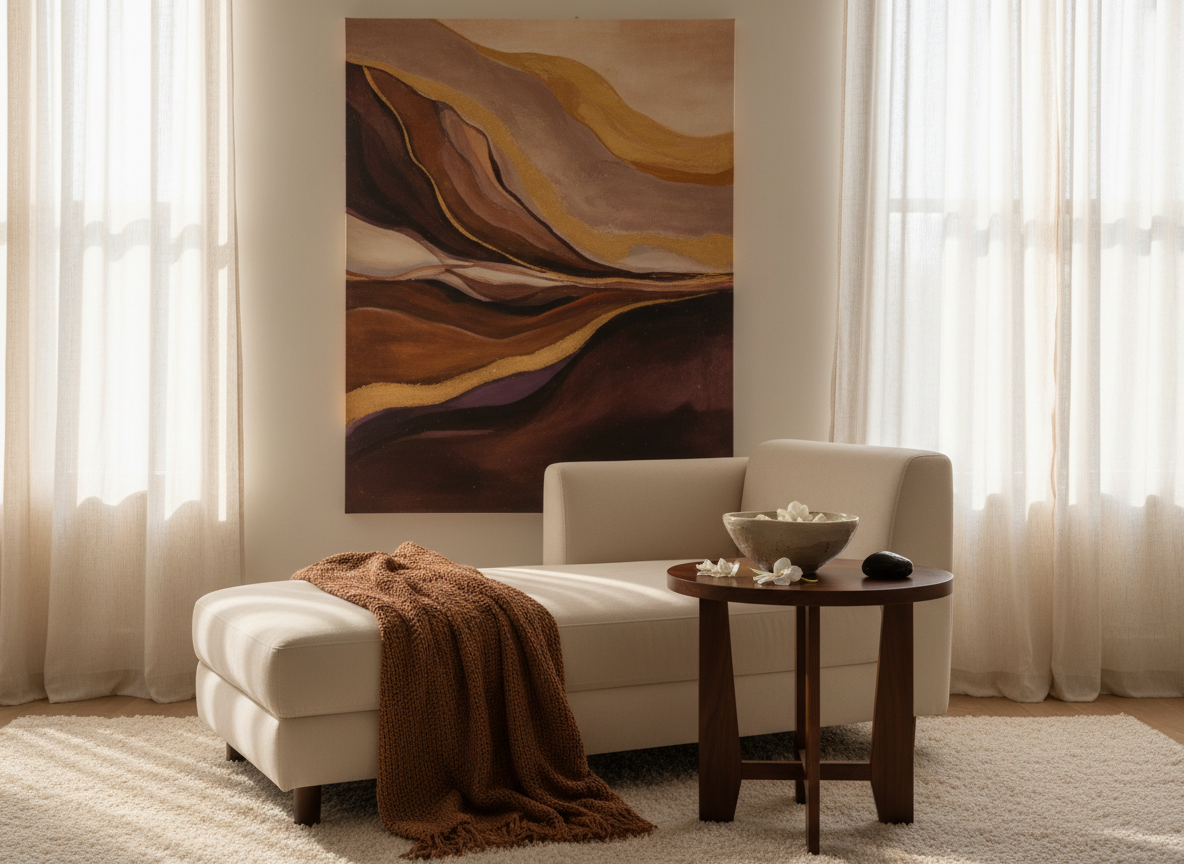 Softly lit lounge corner with cream chaise and abstract art, evoking the intimacy of previous Authentic Socials.