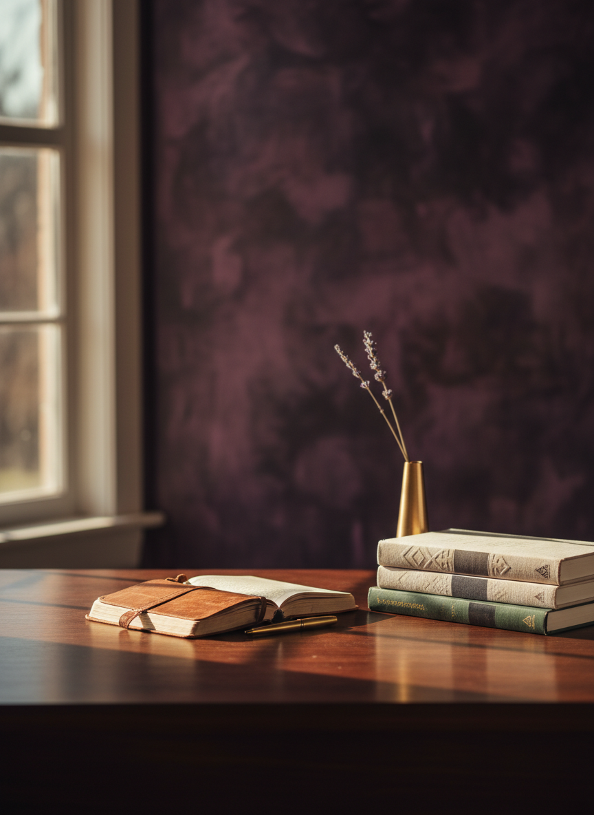 Founder's desk — leather journal, gold pen, lavender stem and stacked books in warm editorial light